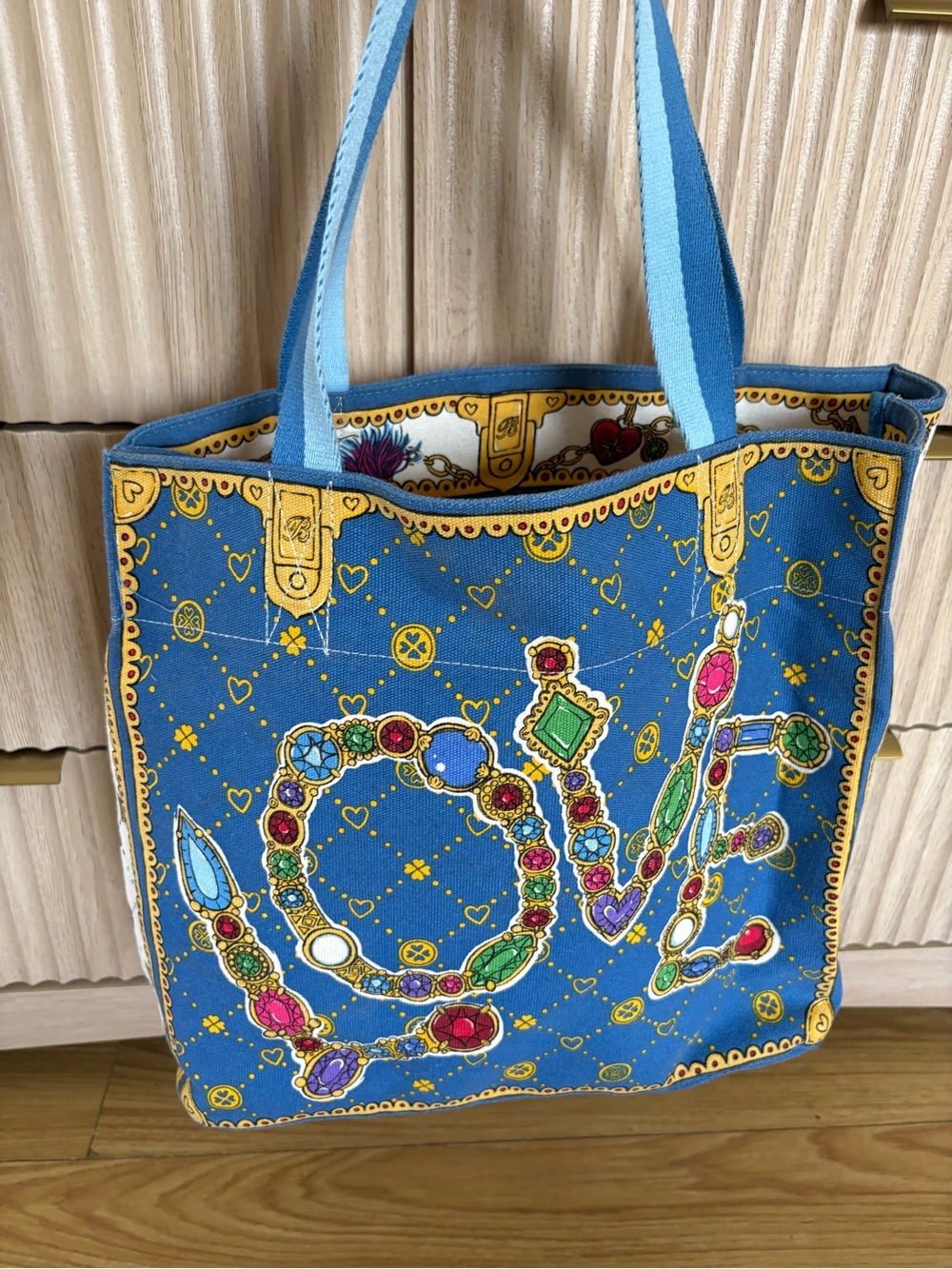 Brighton Blue Jeweled Canvas Tote with Gold Accents